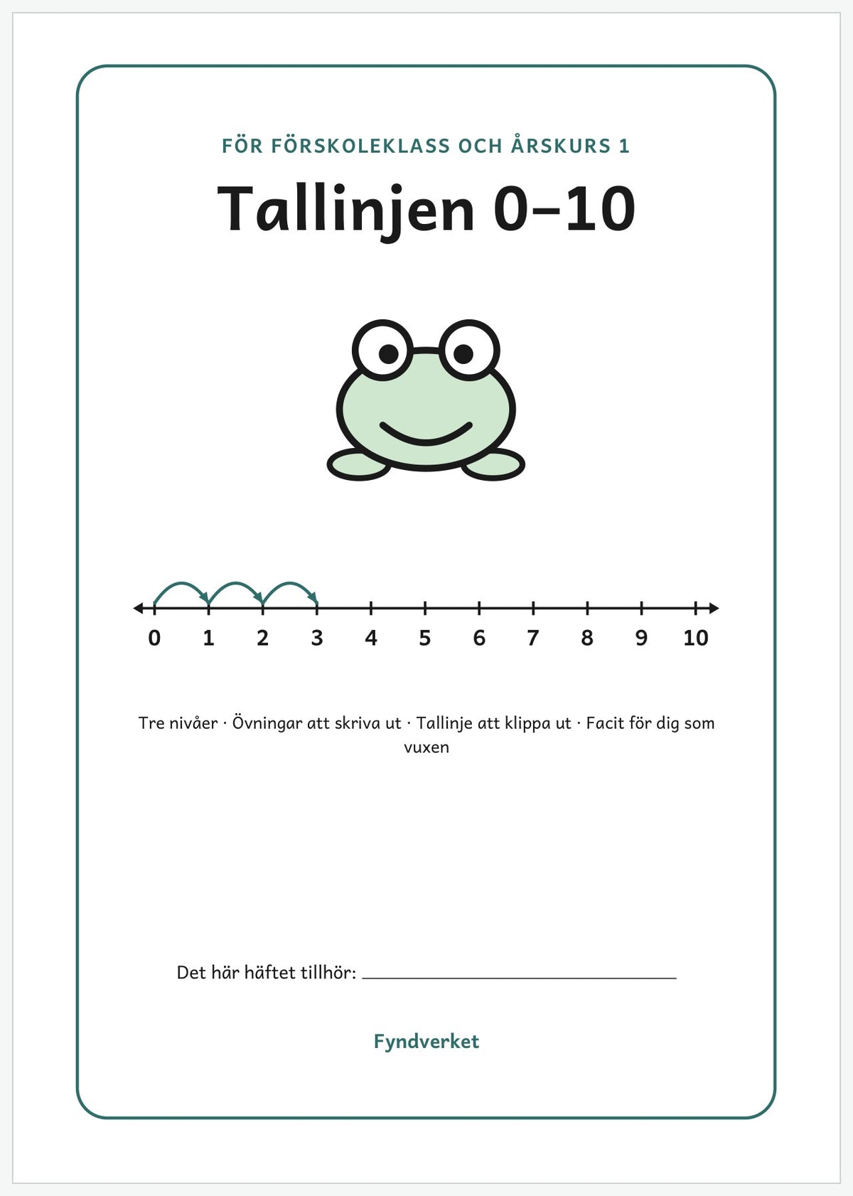 Omslaget till Tallinje 0–10, arbetsblad för förskoleklass och åk 1, med en groda som hoppar på en tallinje