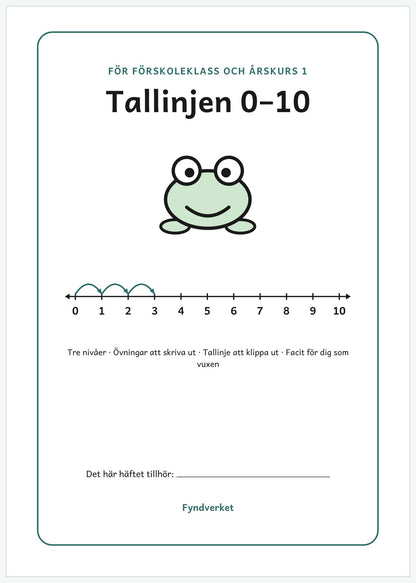 Omslaget till Tallinje 0–10, arbetsblad för förskoleklass och åk 1, med en groda som hoppar på en tallinje