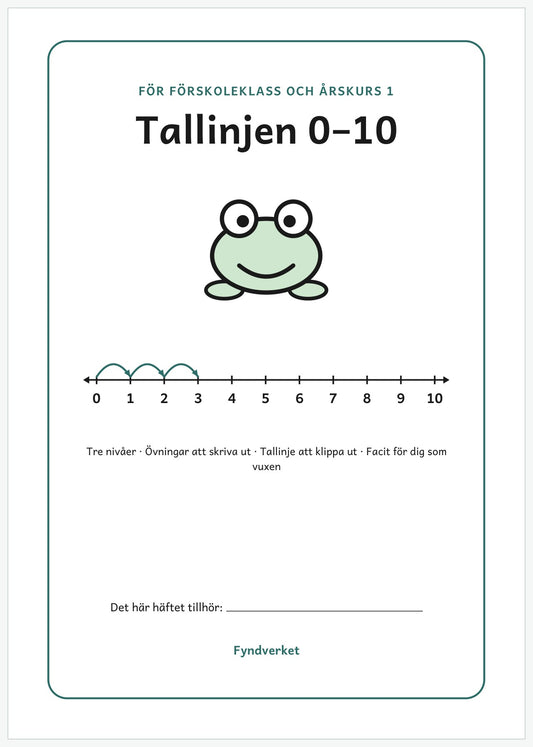 Omslaget till Tallinje 0–10, arbetsblad för förskoleklass och åk 1, med en groda som hoppar på en tallinje