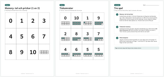 Tre sidor ur Tiokamrater och tal: siffer- och prickkort, tiokamratkort med tioruta och spelreglerna